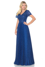 Dark Blue Embroidered Sleeved Diamond Pleated Formal Dress