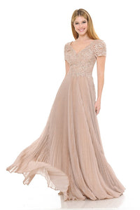 Blush Embroidered Sleeved Diamond Pleated Formal Dress