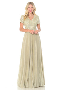 Champagne Gold Embroidered Sleeved Diamond Pleated Formal Dress