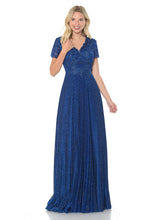 Dark Blue Embroidered Sleeved Diamond Pleated Formal Dress