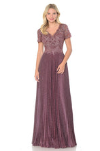 Mauve Embroidered Sleeved Diamond Pleated Formal Dress