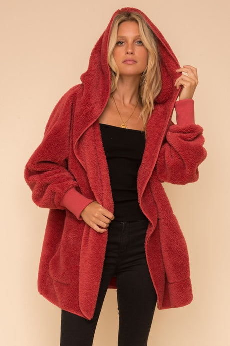 Vintage Red Faux fur So Soft plush hooded jacket with pockets