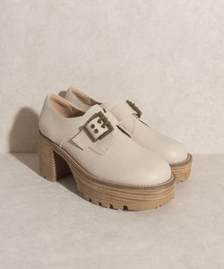 Beige Buckled Platform Loafers