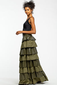 Olive Faux Leather Layered Maxi Skirt With Ruffles