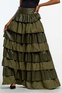 Olive Faux Leather Layered Maxi Skirt With Ruffles