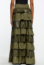 Olive Faux Leather Layered Maxi Skirt With Ruffles