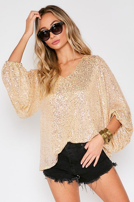 Gold V Neck Balloon Sleeves Sequin Top