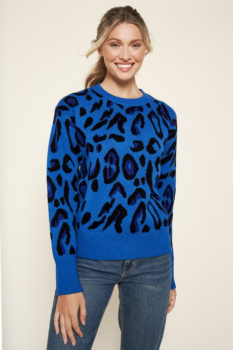 Blue-Multi Charmed Leopard Print Sweater