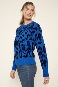 Blue-Multi Charmed Leopard Print Sweater