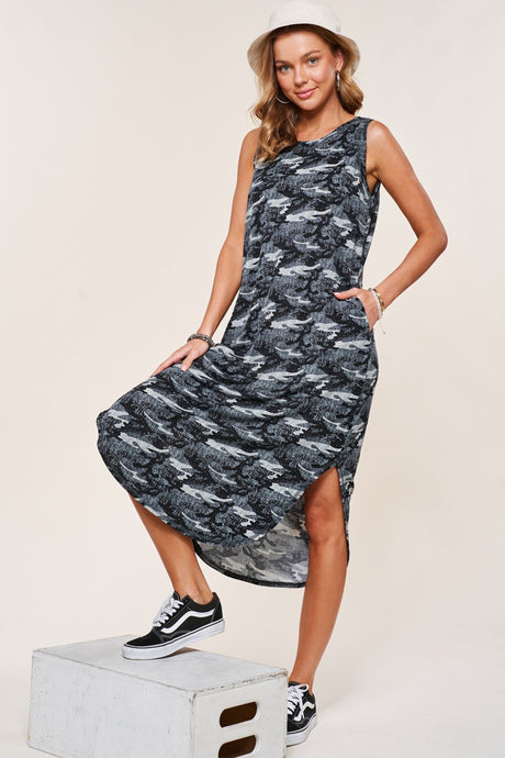 Blue Sleeveless Camo Casual Long Dress