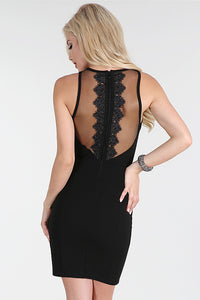 Black Beaded Lace Trim Tulle Mesh 2-Fer Dress