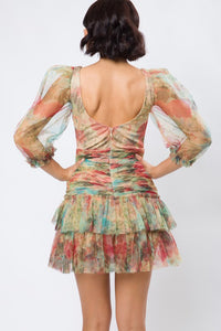 Orange Multi Floral Print Double Ruffle Mini Dress