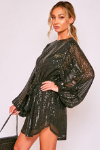 Black Round Neck Balloon Sleeve Sequin Dress