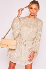 Taupe Round Neck Balloon Sleeve Sequin Dress