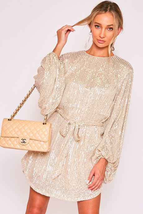 Taupe Round Neck Balloon Sleeve Sequin Dress