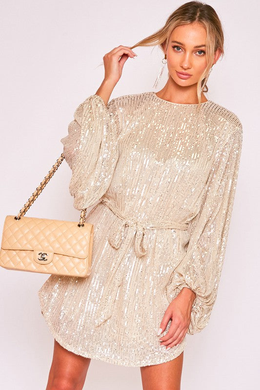 Taupe Round Neck Balloon Sleeve Sequin Dress