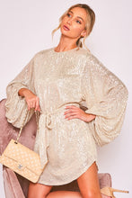 Taupe Round Neck Balloon Sleeve Sequin Dress