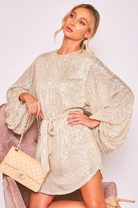Taupe Round Neck Balloon Sleeve Sequin Dress