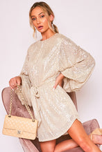 Taupe Round Neck Balloon Sleeve Sequin Dress