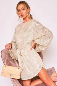 Taupe Round Neck Balloon Sleeve Sequin Dress