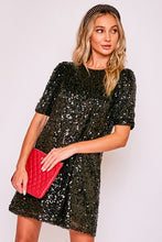 Black Round Neck Puff Shoulder Sequin Dress