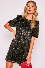 Black Round Neck Puff Shoulder Sequin Dress