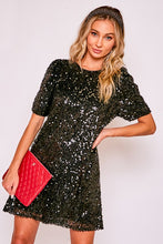 Black Round Neck Puff Shoulder Sequin Dress