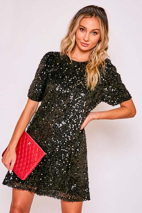 Black Round Neck Puff Shoulder Sequin Dress