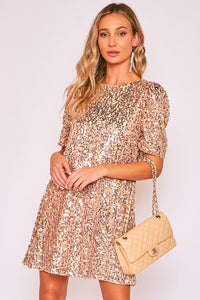 Rose Gold Round Neck Puff Shoulder Sequin Dress