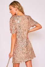 Rose Gold Round Neck Puff Shoulder Sequin Dress