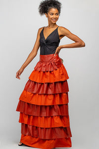 Rust Faux Leather Layered Maxi Skirt With Ruffles