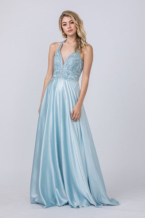 Light Blue Beading Satin Pocket A-line Long Dress