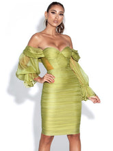Olive Silk Pleated Off Shoulder Balloon Sleeves Dress