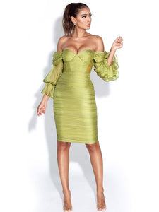 Olive Silk Pleated Off Shoulder Balloon Sleeves Dress