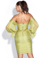Olive Silk Pleated Off Shoulder Balloon Sleeves Dress