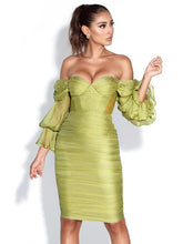 Olive Silk Pleated Off Shoulder Balloon Sleeves Dress