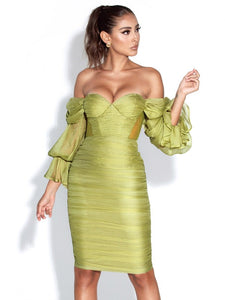 Olive Silk Pleated Off Shoulder Balloon Sleeves Dress