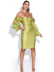Olive Silk Pleated Off Shoulder Balloon Sleeves Dress