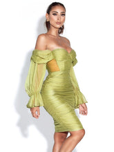 Olive Silk Pleated Off Shoulder Balloon Sleeves Dress
