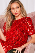 Red Round Neck Puff Shoulder Sequin Dress
