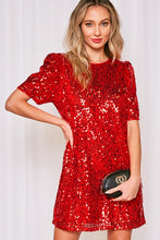Red Round Neck Puff Shoulder Sequin Dress