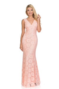 Light Pink Scalloped Sheer Rose Lace Bridesmaids Formal Dress