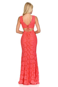 Coral Light Pink Scalloped Sheer Rose Lace Bridesmaids Formal Dress