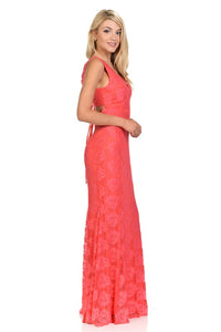 Coral Light Pink Scalloped Sheer Rose Lace Bridesmaids Formal Dress