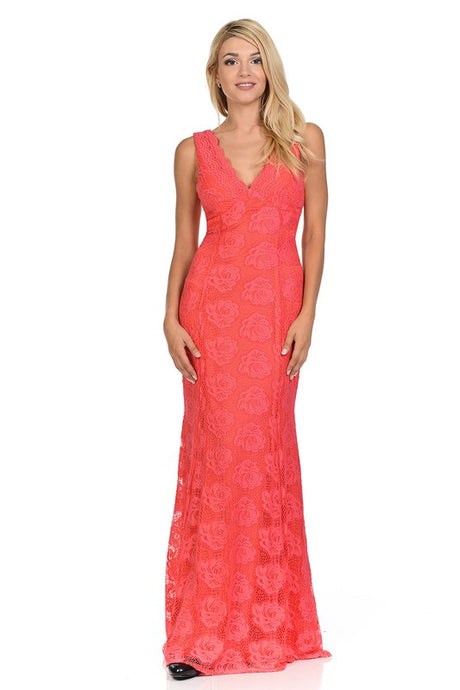 Coral Light Pink Scalloped Sheer Rose Lace Bridesmaids Formal Dress