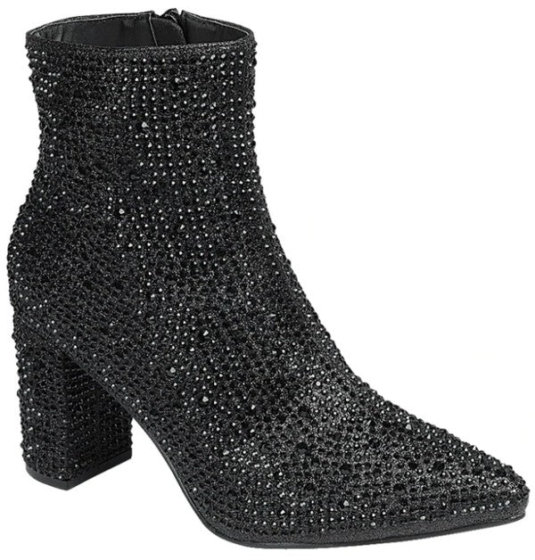 Black Sequined Chunky High Heel Dressy Booties