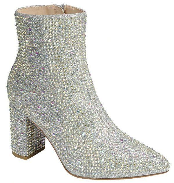 Silver Sequined Chunky High Heel Dressy Booties