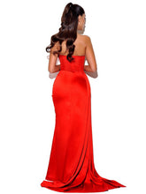 Holly Red Crystallized Corset High Slit Satin Gown Evening Dresses