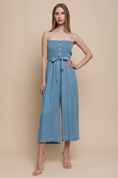 Blue Woven Solid Cami Smocked Jumpsuit