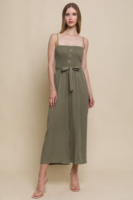 Olive Oil Woven Solid Cami Smocked Jumpsuit